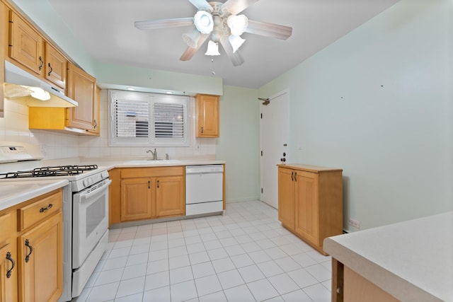 2155 N Harlem Ave Unit 205, Chicago, IL 60707 - kitchen with white appliances, under cabinet range hood, a sink, backsplash, and light countertops