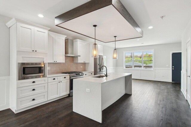 4637 S Michigan Ave, Chicago, IL 60653 - kitchen with appliances with stainless steel finishes, wall chimney exhaust hood, a sink, an island with sink, and light countertops