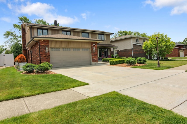 6421 157th St W, Oak Forest, IL 60452 - view of front of house with concrete driveway, an attached garage, brick siding, a chimney, and board and batten siding
