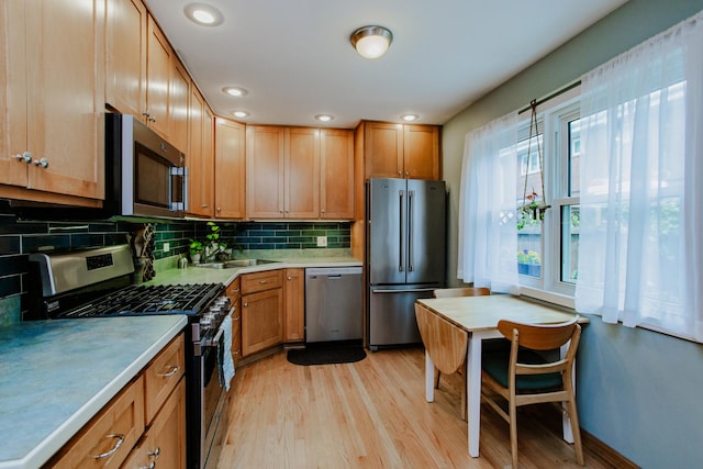 612 S Blvd Unit C, Evanston, IL 60202 - kitchen featuring appliances with stainless steel finishes, light wood finished floors, decorative backsplash, light countertops, and recessed lighting