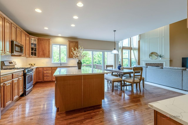 1430 Mcclellan Ct, Lindenhurst, IL 60046 - kitchen featuring stainless steel appliances, a center island, glass insert cabinets, light wood finished floors, and open floor plan
