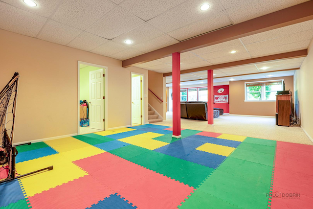 1430 Mcclellan Ct, Lindenhurst, IL 60046 - playroom with recessed lighting, baseboards, a drop ceiling, and carpet flooring