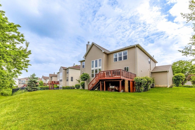 1430 Mcclellan Ct, Lindenhurst, IL 60046 - rear view of house with stairs, a wooden deck, a chimney, a yard, and central air condition unit