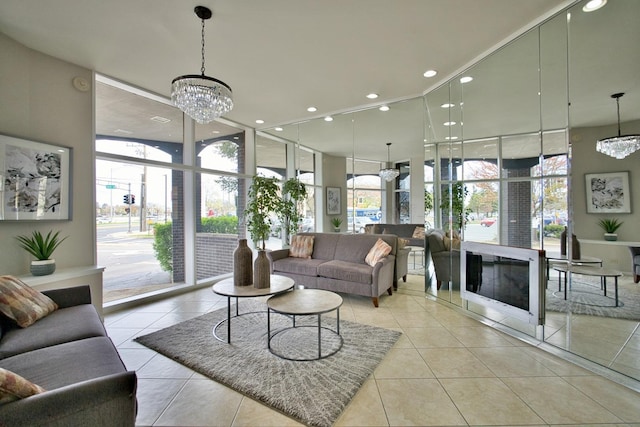 4901 Golf Rd Unit 310, Skokie, IL 60077 - tiled living room with a chandelier, floor to ceiling windows, and recessed lighting