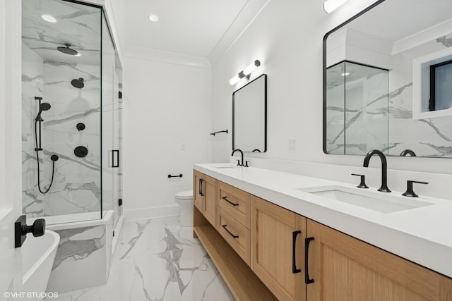 2118 N Sheffield Ave Unit 1, Chicago, IL 60614 - bathroom with a marble finish shower, ornamental molding, marble look tile flooring, and double vanity