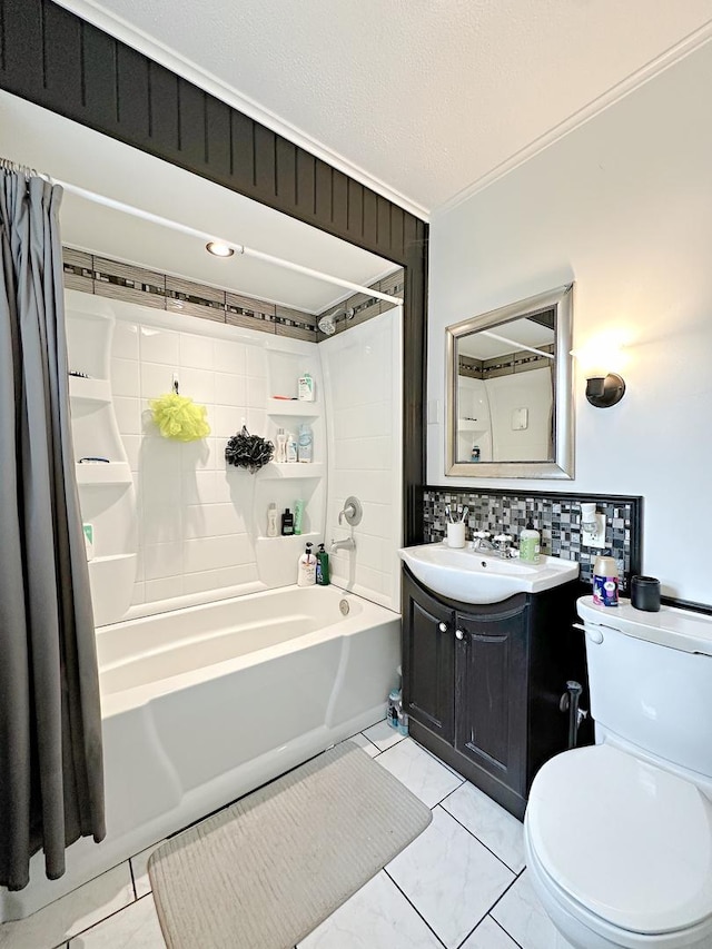 1003 Bazore St, Streator, IL 61364 - full bathroom with shower / tub combo with curtain, vanity, toilet, backsplash, and crown molding