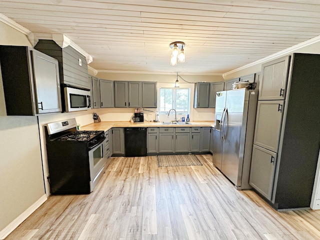 1003 Bazore St, Streator, IL 61364 - kitchen with appliances with stainless steel finishes, a sink, gray cabinets, crown molding, and light wood finished floors