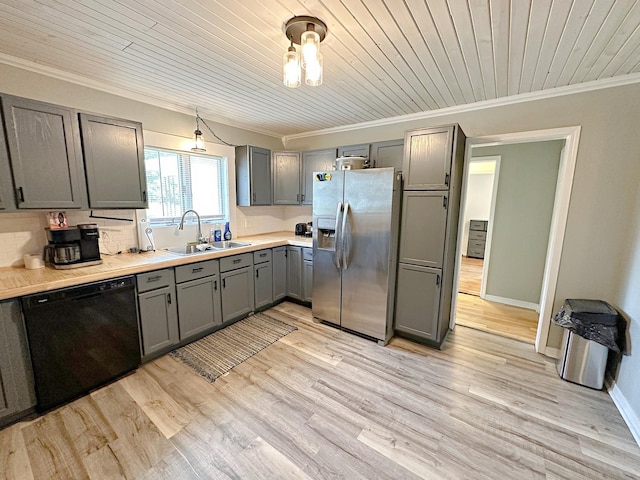 1003 Bazore St, Streator, IL 61364 - kitchen with stainless steel fridge, dishwasher, gray cabinets, a sink, and crown molding