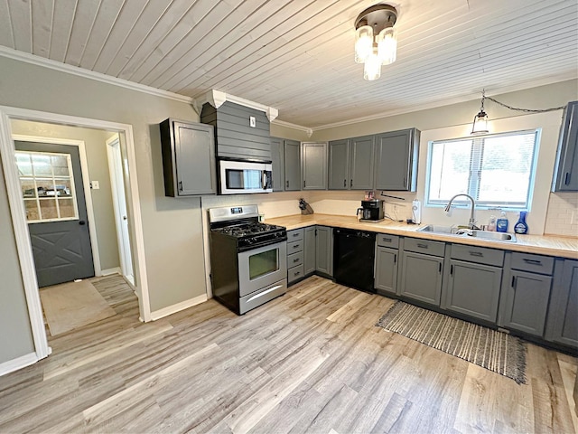 1003 Bazore St, Streator, IL 61364 - kitchen with appliances with stainless steel finishes, a sink, ornamental molding, gray cabinets, and light wood-style floors