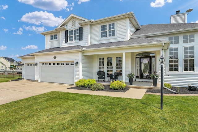 402 Cypress Ct, Saint Joseph, IL 61873 - view of front of house with covered porch, driveway, a garage, and a chimney