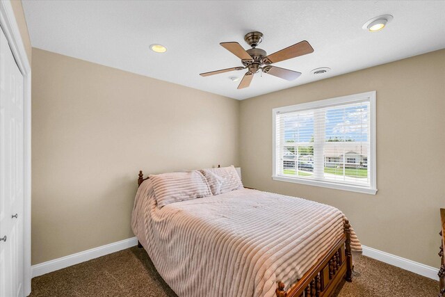 402 Cypress Ct, Saint Joseph, IL 61873 - bedroom with carpet, a closet, baseboards, recessed lighting, and ceiling fan