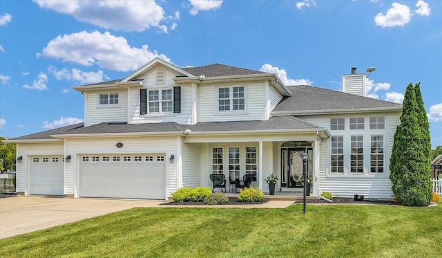 402 Cypress Ct, Saint Joseph, IL 61873 - view of front of home featuring a porch, a front lawn, driveway, a chimney, and a shingled roof