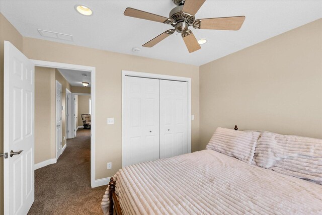 402 Cypress Ct, Saint Joseph, IL 61873 - carpeted bedroom featuring baseboards, a closet, recessed lighting, and ceiling fan