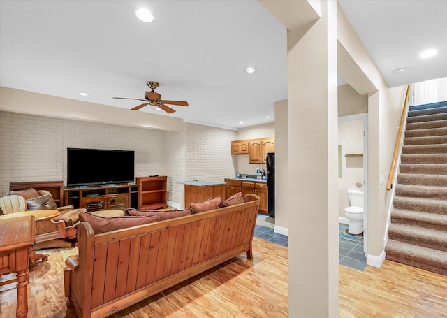 402 Cypress Ct, Saint Joseph, IL 61873 - living area with stairs, light wood-type flooring, ceiling fan, recessed lighting, and baseboards