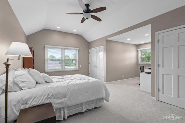13214 Sunderlin Rd, Plainfield, IL 60585 - bedroom featuring recessed lighting, light colored carpet, baseboards, lofted ceiling, and ceiling fan