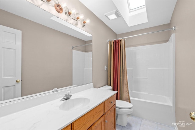 13214 Sunderlin Rd, Plainfield, IL 60585 - full bathroom featuring a skylight, vanity, toilet, shower / tub combo, and tile patterned flooring