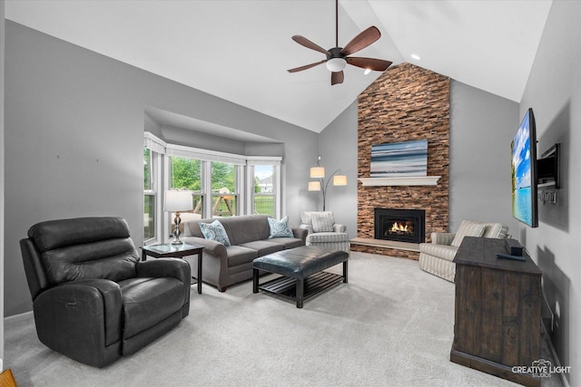 13214 Sunderlin Rd, Plainfield, IL 60585 - carpeted living area featuring ceiling fan, a fireplace, and high vaulted ceiling