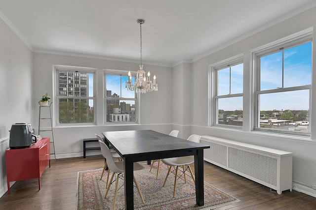 5555 N Sheridan Rd Unit 507, Chicago, IL 60640 - dining room featuring radiator heating unit, a chandelier, dark wood-style flooring, crown molding, and baseboards