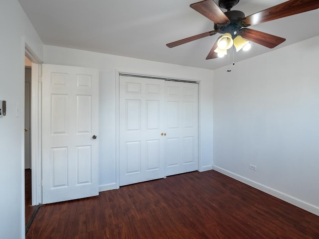 6862 W Lode Dr Unit 3A, Worth, IL 60482 - unfurnished bedroom featuring baseboards, wood finished floors, a closet, and ceiling fan