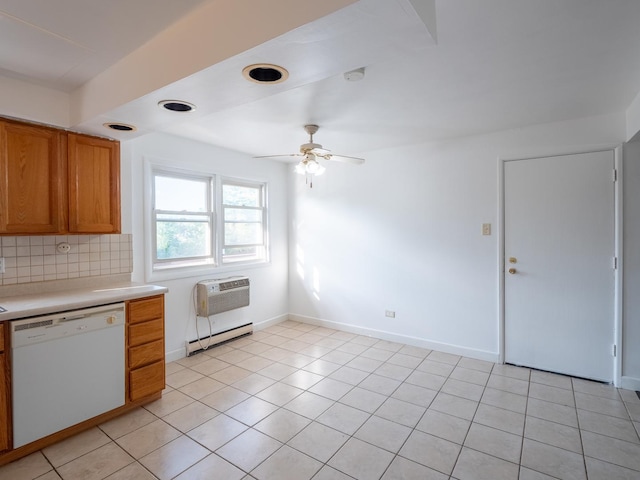 6862 W Lode Dr Unit 3A, Worth, IL 60482 - kitchen with dishwasher, a baseboard radiator, a ceiling fan, light countertops, and a wall mounted AC