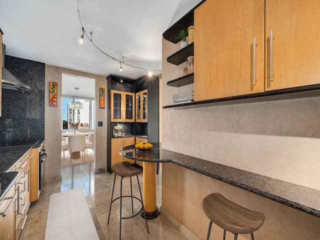 1 E Schiller St Unit 8B, Chicago, IL 60610 - kitchen with track lighting, a breakfast bar, open shelves, and dark stone counters