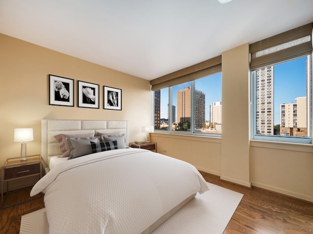 1 E Schiller St Unit 8B, Chicago, IL 60610 - bedroom with a skyline view, baseboards, and wood finished floors