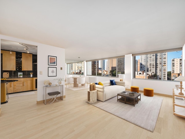 1 E Schiller St Unit 8B, Chicago, IL 60610 - living room featuring light wood-style flooring, track lighting, a view of city, and healthy amount of natural light
