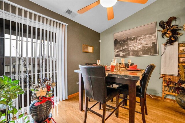 6719 W White Tailed Ln Unit 3E, Tinley Park, IL 60477 - dining space featuring vaulted ceiling, a ceiling fan, wood finished floors, and baseboards