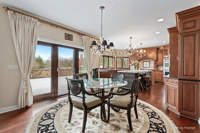 11 Moate Ln, Barrington Hills, IL 60010 - dining room featuring a chandelier, dark wood finished floors, french doors, baseboards, and recessed lighting