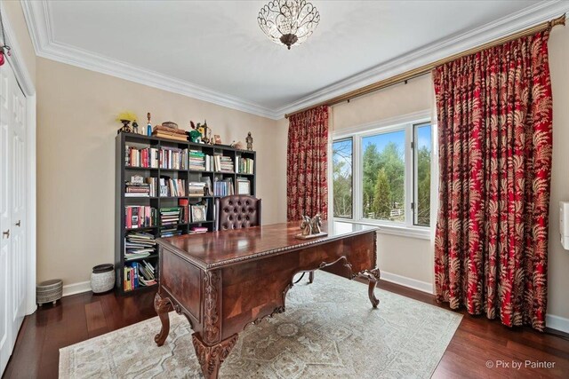 11 Moate Ln, Barrington Hills, IL 60010 - office space featuring dark wood finished floors, crown molding, and baseboards