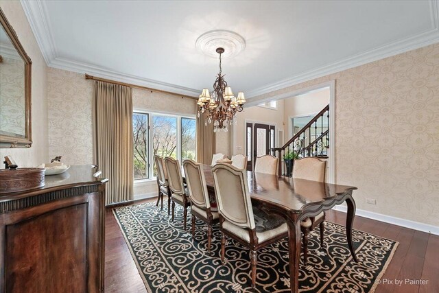 11 Moate Ln, Barrington Hills, IL 60010 - dining room featuring a chandelier, wallpapered walls, dark wood-style flooring, crown molding, and stairs