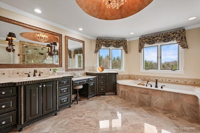 11 Moate Ln, Barrington Hills, IL 60010 - full bath with a chandelier, vanity, ornamental molding, a garden tub, and tiled shower