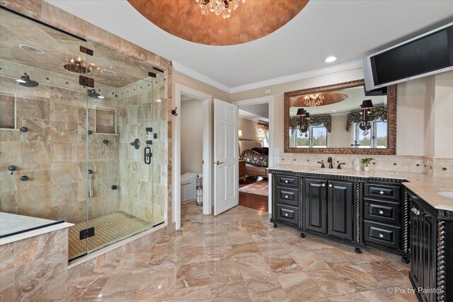 11 Moate Ln, Barrington Hills, IL 60010 - bathroom featuring crown molding, vanity, a shower stall, a chandelier, and toilet