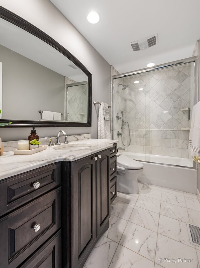 11 Moate Ln, Barrington Hills, IL 60010 - full bath featuring vanity, toilet, shower / bath combination with glass door, marble finish flooring, and recessed lighting