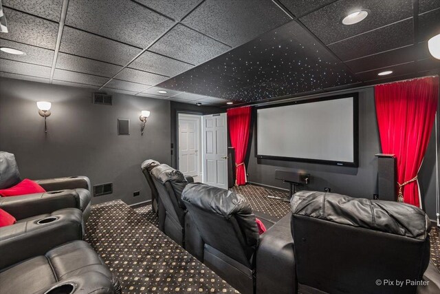 11 Moate Ln, Barrington Hills, IL 60010 - carpeted home theater with a paneled ceiling, baseboards, and recessed lighting