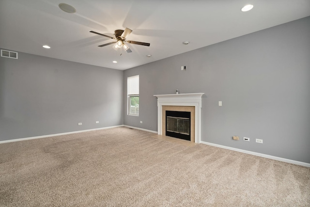 8013 Shady Oak Rd, Joliet, IL 60431 - unfurnished living room with carpet flooring, a ceiling fan, baseboards, recessed lighting, and a tiled fireplace