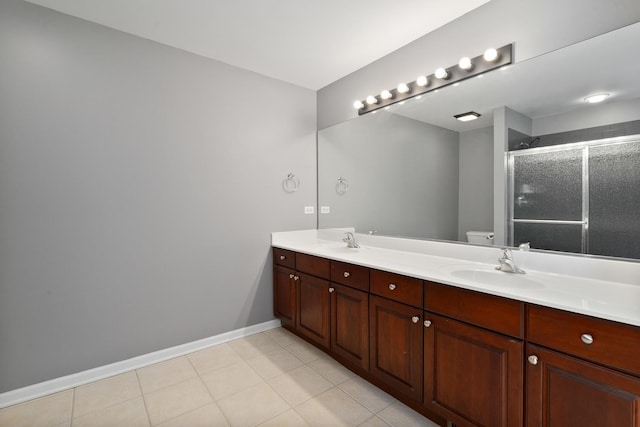 8013 Shady Oak Rd, Joliet, IL 60431 - full bath with double vanity, a shower stall, toilet, baseboards, and tile patterned flooring