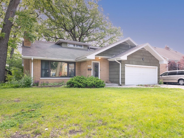 2571 Forest View Ave, River Grove, IL 60171 - view of front facade with an attached garage, brick siding, a chimney, and a front lawn
