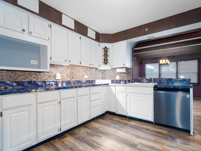 2571 Forest View Ave, River Grove, IL 60171 - kitchen with stainless steel dishwasher, white cabinets, dark countertops, and dark wood-style floors
