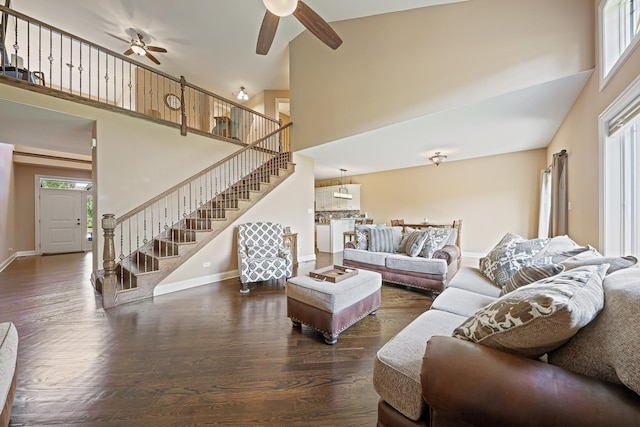 10749 Revere Cir, Mokena, IL 60448 - living room with high vaulted ceiling, stairs, ceiling fan, and wood finished floors