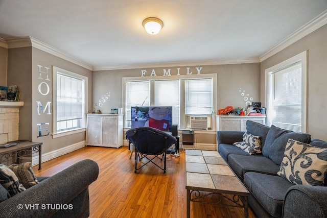 22 S Austin Blvd, Oak Park, IL 60302 - living room featuring light wood-style flooring, cooling unit, and crown molding