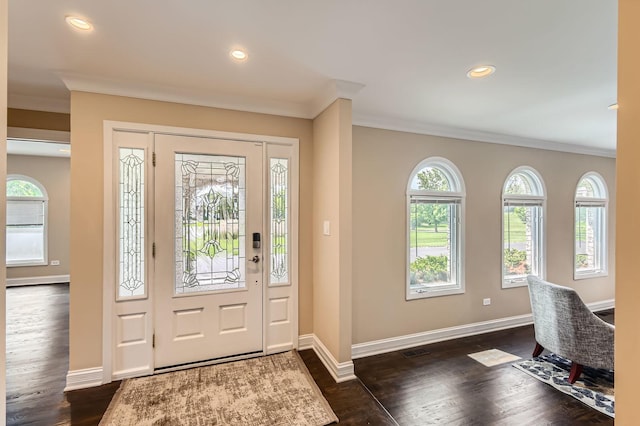 406 Lauder Ln, Inverness, IL 60067 - foyer with ornamental molding, baseboards, dark wood-type flooring, plenty of natural light, and recessed lighting