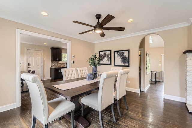 406 Lauder Ln, Inverness, IL 60067 - dining room with a ceiling fan, arched walkways, dark wood-type flooring, recessed lighting, and baseboards