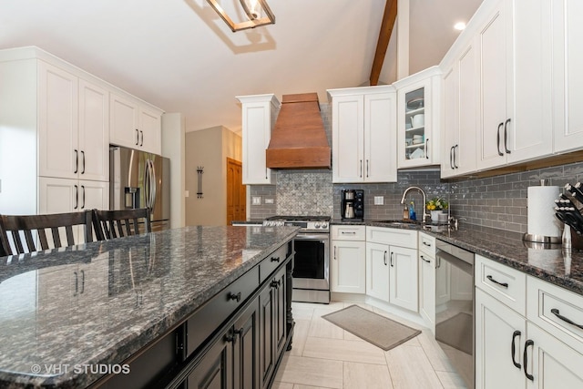 13103 W Beaver Lake Dr, Homer Glen, IL 60491 - kitchen featuring stainless steel appliances, custom exhaust hood, white cabinets, and backsplash