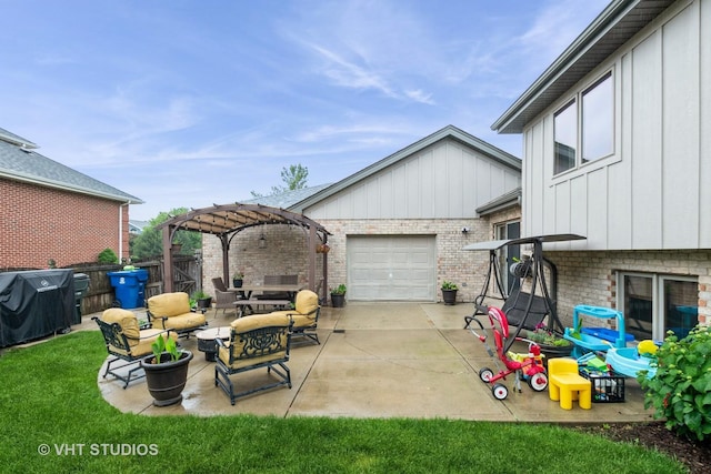 13103 W Beaver Lake Dr, Homer Glen, IL 60491 - view of patio / terrace featuring a pergola, driveway, an attached garage, and a grill