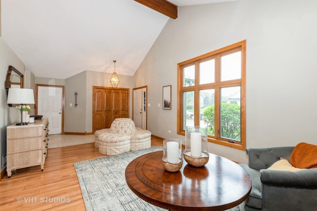 13103 W Beaver Lake Dr, Homer Glen, IL 60491 - living room featuring light wood finished floors, beamed ceiling, and high vaulted ceiling