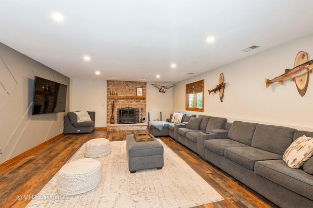 13103 W Beaver Lake Dr, Homer Glen, IL 60491 - living room featuring wood finished floors, recessed lighting, and a brick fireplace