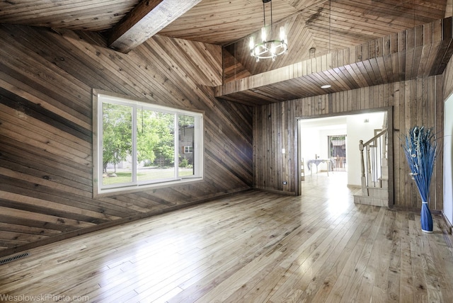 23314 W Liberty Ave, Lake Villa, IL 60046 - empty room with wooden walls, hardwood / wood-style floors, a chandelier, stairway, and beamed ceiling