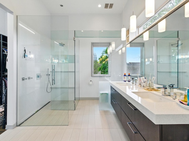 7415 W Main St, Niles, IL 60714 - bathroom featuring a shower stall, double vanity, baseboards, tile patterned flooring, and recessed lighting