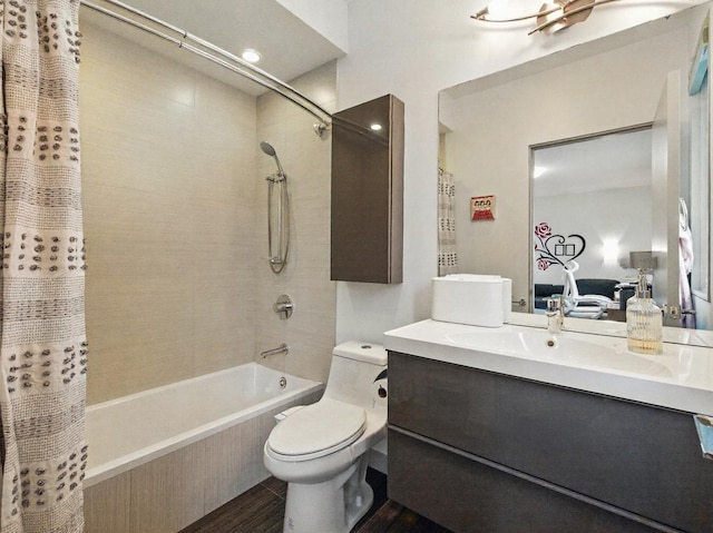 7415 W Main St, Niles, IL 60714 - full bath featuring shower / bathtub combination with curtain, toilet, vanity, and wood finished floors